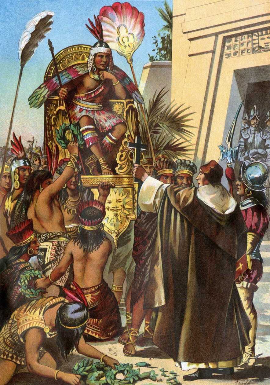 Lähetyssaarnaaja isä Vicente de Valverde puhutteli inkakuningas Atahualpaa vuonna 1532. tekijältä Unbekannter Künstler
