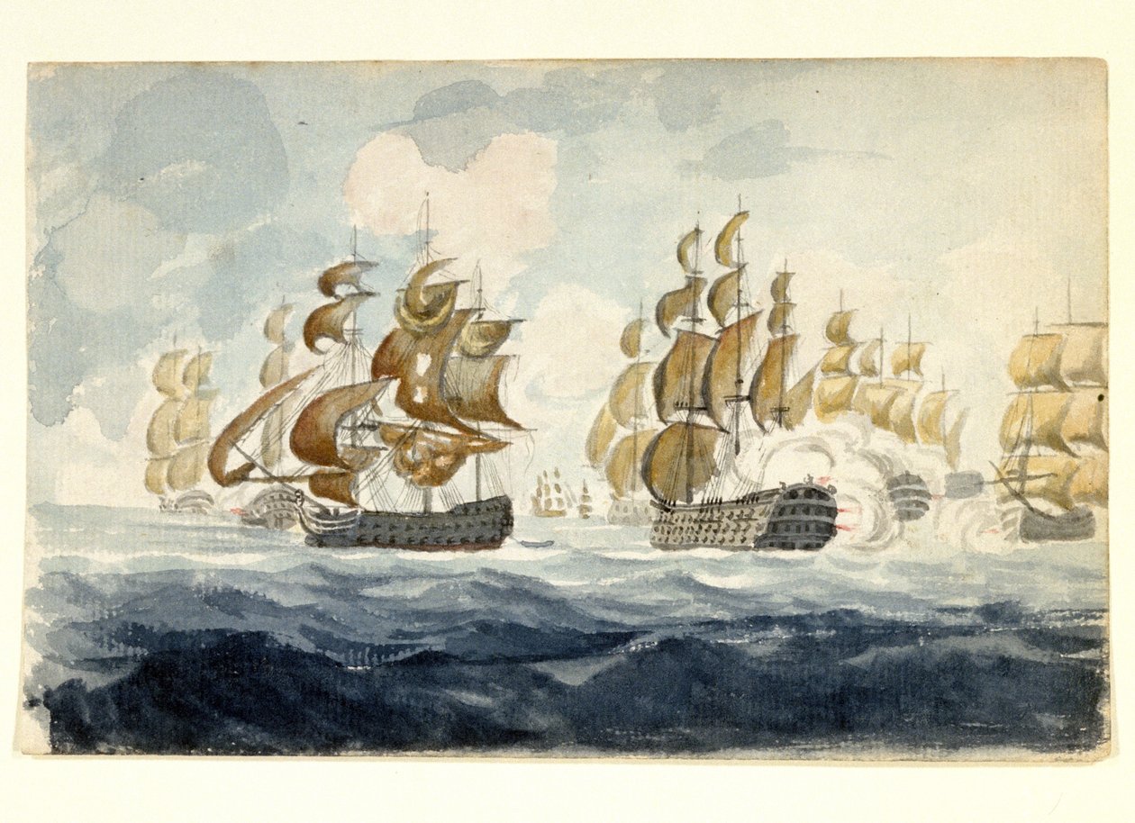 Alexander Hoodin, varakreivi Bridportin (1726-1814) laivastomanööveri Lorientin (Ranska) rannikolla Île de Groixin taistelussa (1795). Akvarelli tekijältä Unbekannter Künstler