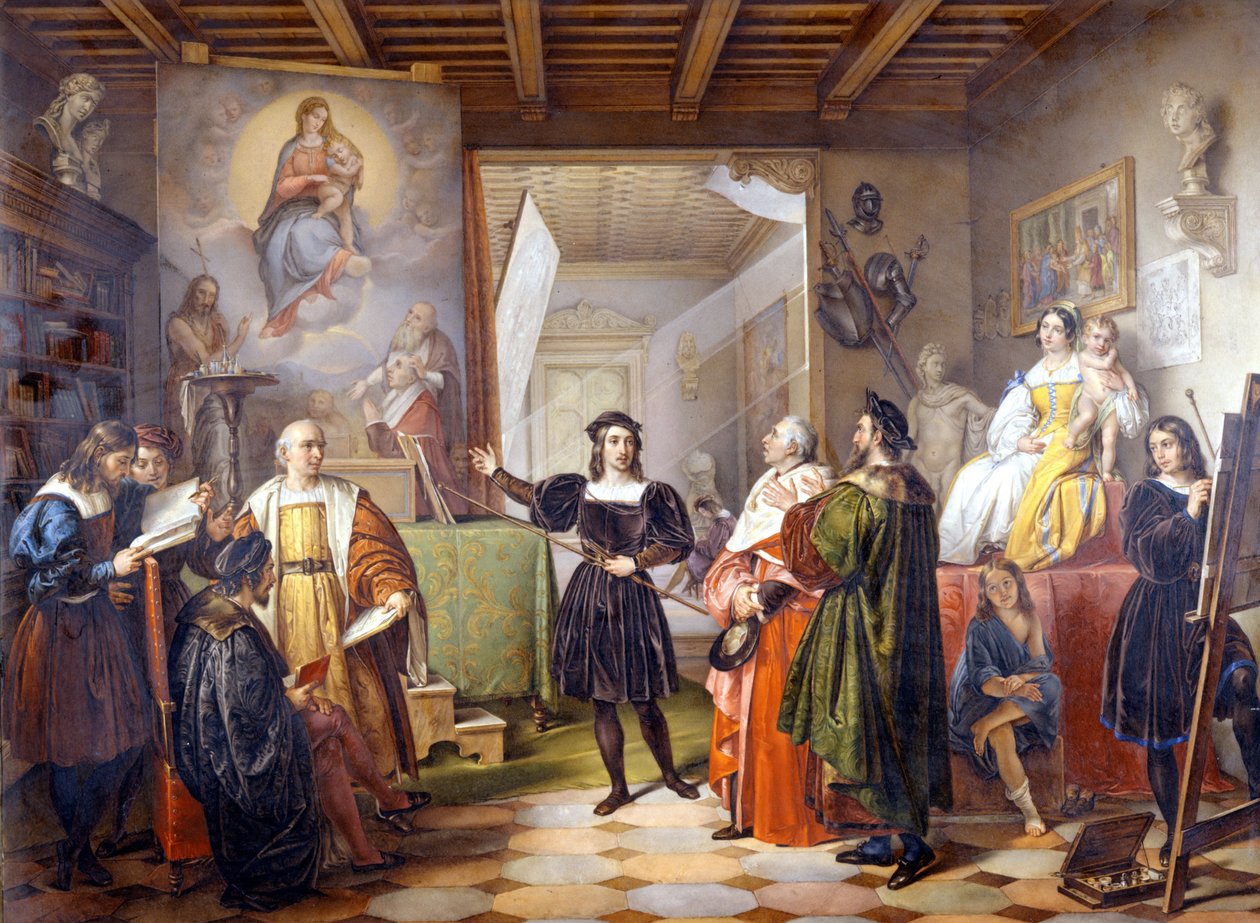 Taidemaalari Rafael (Raphael Sanzio 1483 - 1520) ateljeessaan. tekijältä Unbekannter Künstler