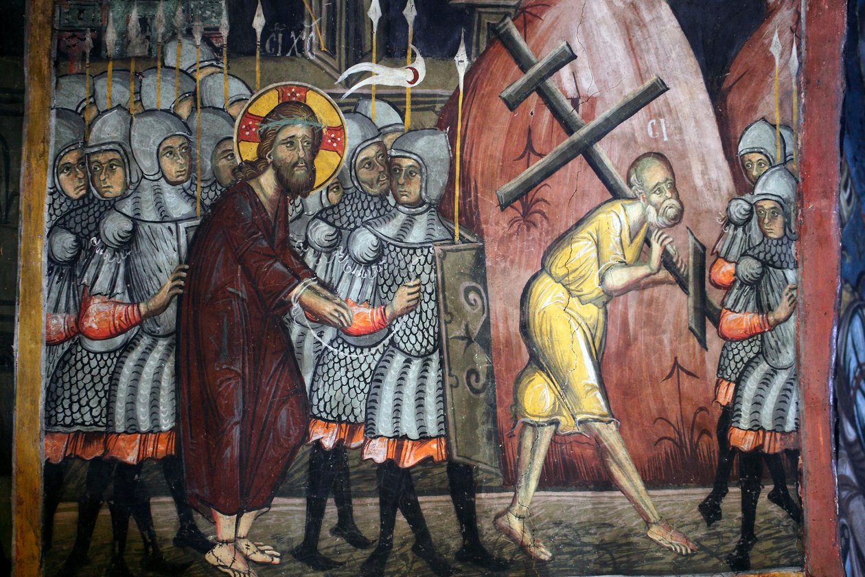 Kristus Simonin intohimo kantaa ristin bysanttilaista freskoa Agios Ioannis Lampadistisin luostarista, Saint John Lampadistis 1000-luvulta Kypros Maalatut kirkot Unescon sivusto Troodos, Kypros tekijältä Unbekannt