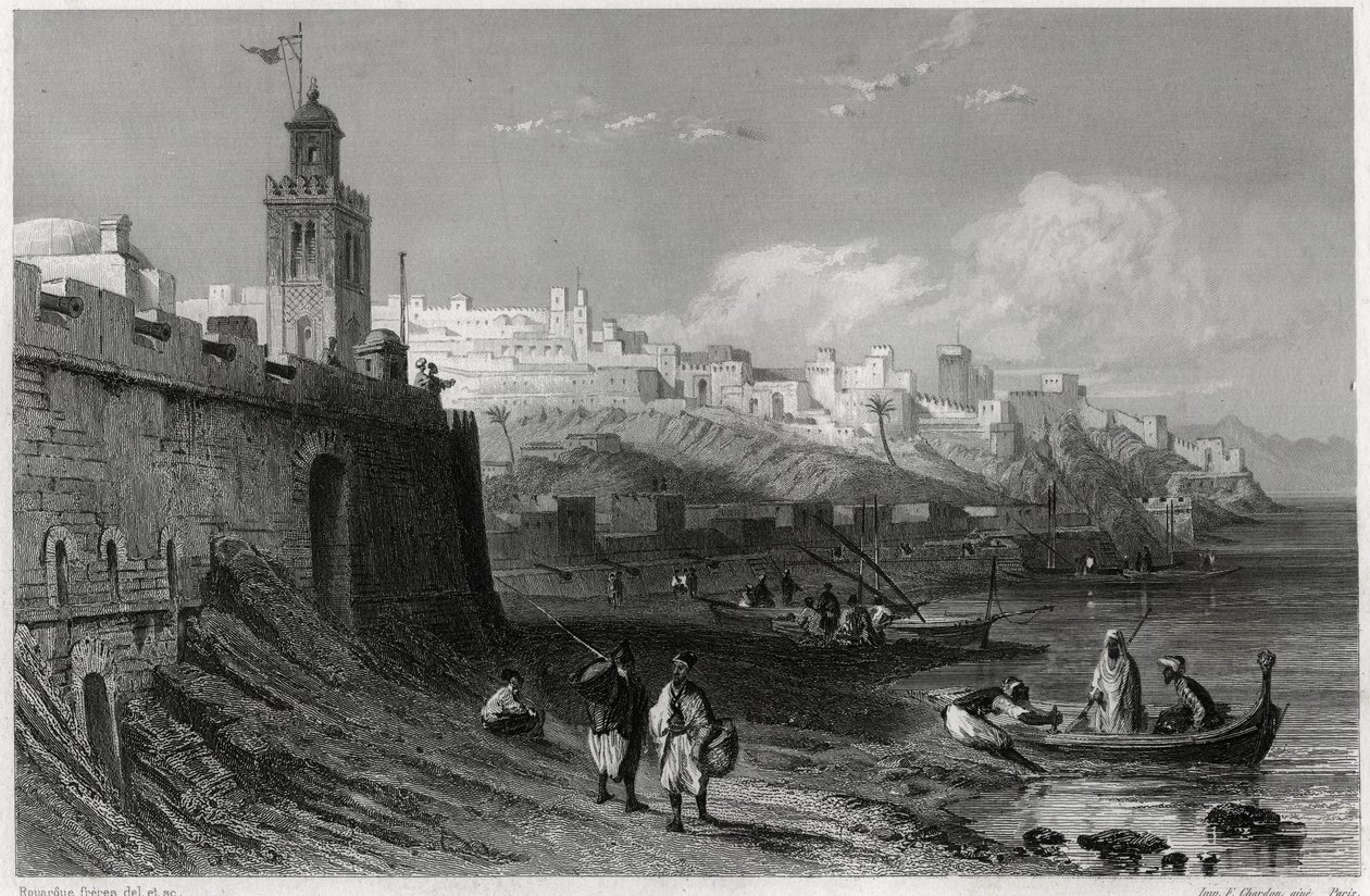 1800-luvun Tangerin linnoitetun kaupungin viehättävä satama ranskalaisen toimittajan ja matkailijan Louis Enaultin (1824-1900) Välimerta käsittelevässä kirjassa. Louis Enault, LA MEDITERRANEE SES ILES ET SES BORDS, Morizot tekijältä Unbekannt
