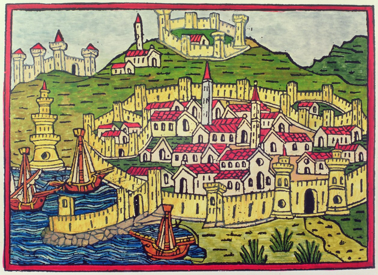 Napolin satama ja kaupunki vuonna 1482, "Cosmographia Universalis" (puupainatus) tekijältä Unbekannter Künstler