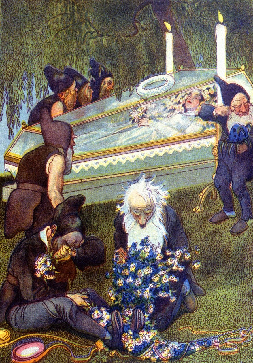 Seitsemän kääpiötä itkee Lumikin arkkuun, 1800-luvun loppupuoli (kuvitus). tekijältä Unbekannter Künstler