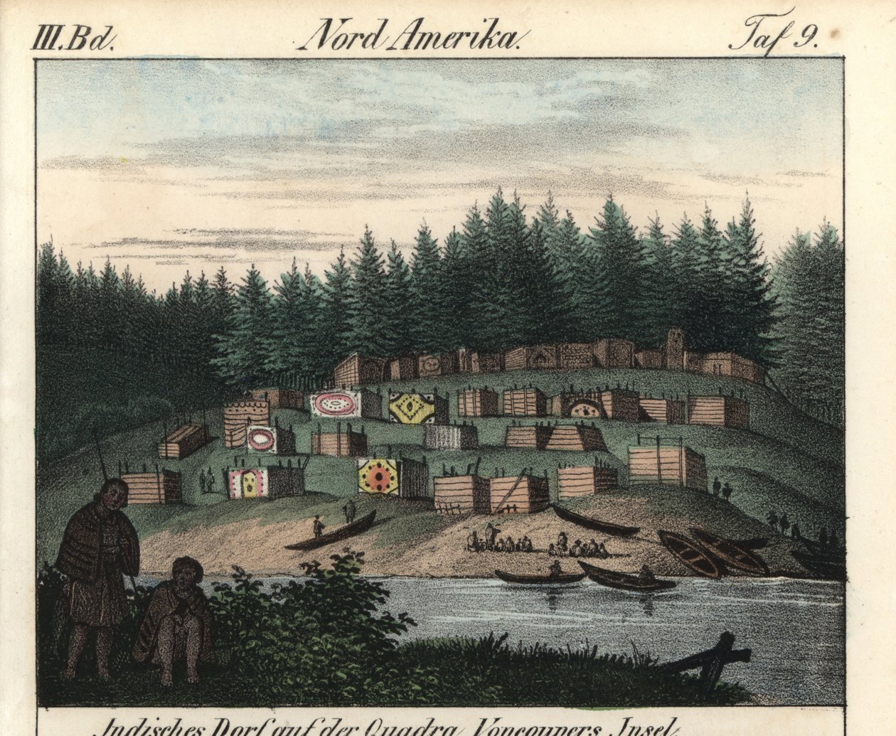 Intiaanien maalaama puutalojen kylä Vancouver Islandilla Kanadassa. Litografia kirjaa varten: Friedrich Wilhelm Goedsche (1785-1863) "Galerie complete en tableaux fideles des peuples d