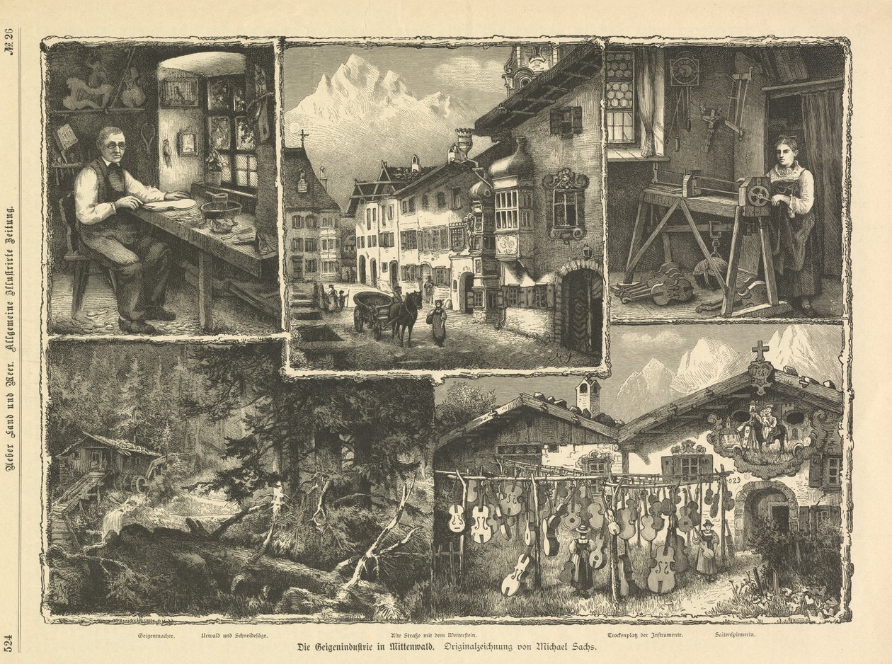 Viuluteollisuus Mittenwaldissa, Stuttgartissa 1882 (kaiverrus) tekijältä Unbekannter Künstler