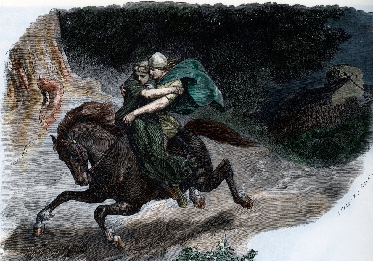 Germaanisen Cherusci-heimon sotapäällikkö Arminius (Armenius) (18 eKr.- 21 jKr.) sieppaa Thusneldan (Arminius (Hermann) germaanisen Cherusci-heimon päällikkö ja hänen vaimonsa Thusnelda) Kaiverrus teoksesta "Germania", Johannes Scherr 1880 Yksityiskokoelma tekijältä Unbekannter Künstler