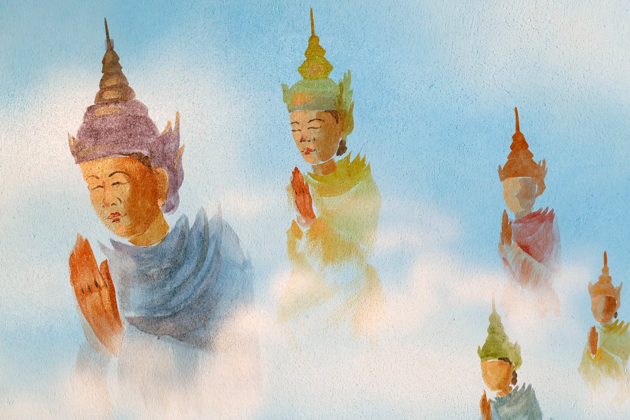 Thien Lam buddhalainen temppeli, seinämaalaus   Palvojat.   Hue, Vietnam, 2019 (kuva) tekijältä Unbekannt