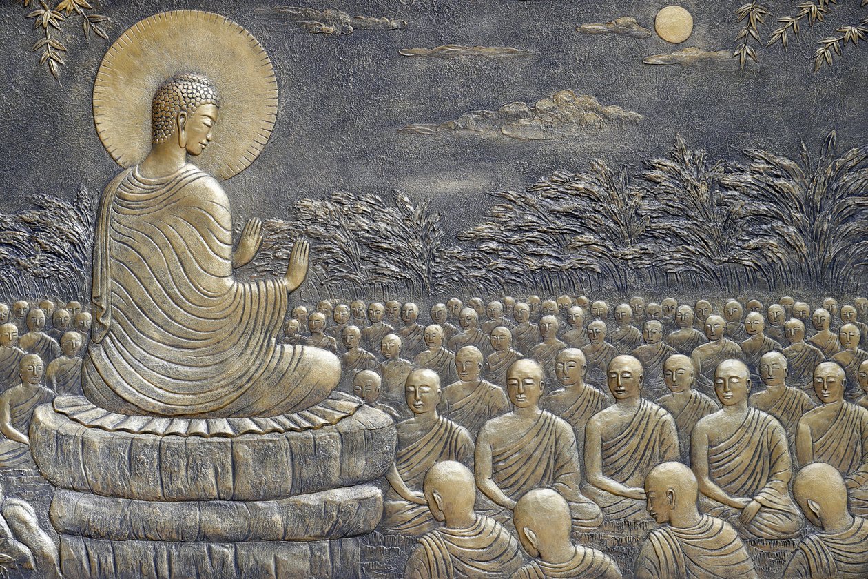 Temple budista Tinh Xa Ngoc Chau, La vida del Buda, Siddhartha Gautama, Buda amb deixebles, ensenyament, Buda va exhortar als seus primers seixanta deixebles Arahant a anar en diferents direccions per predicar la Doctrina,   Chau Doc, Vietnam, 2018 (fo tekijältä Unbekannt