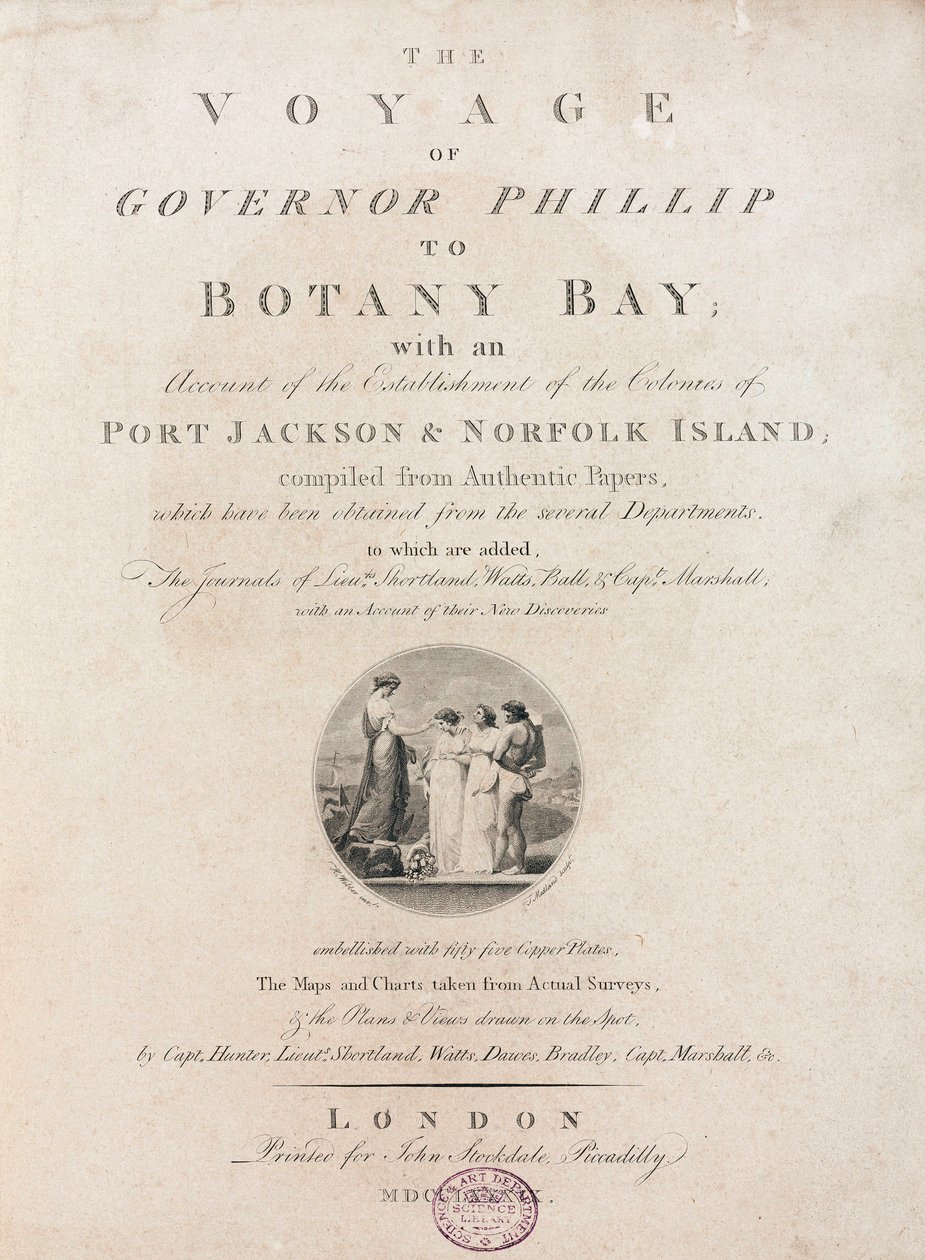 Nimisivu teoksesta "Kuvernööri Phillipin matka Botany Baylle", n. 1789 tekijältä Unbekannt