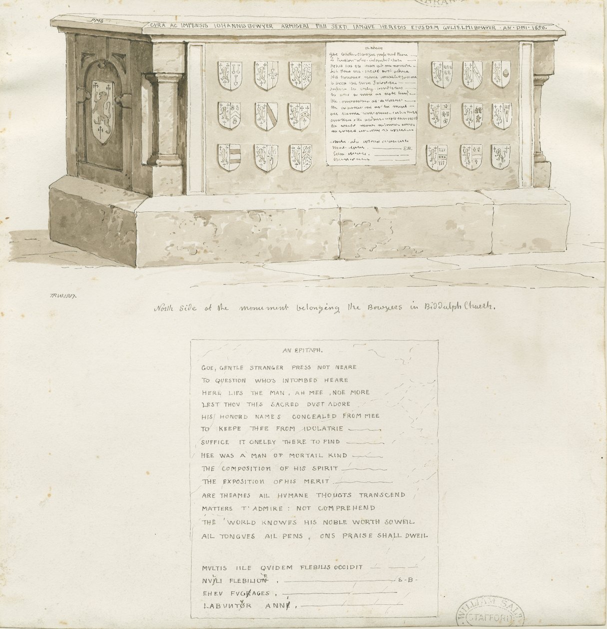 Hauta Biddulphin kirkossa - "William Bowyer": seepiapiirustus, 1837 tekijältä Unbekannt