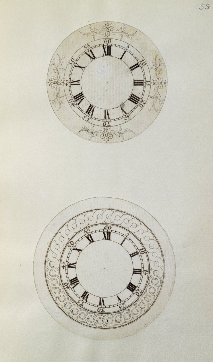 Kaksi mallia suurille emaloiduille kellokelloille, mekaanisista muistiinpanoista ja piirustuksista, jotka ovat laatineet John Harrison (1693-1776) ja hänen poikansa William (n. 1726-72) (kynä ja muste paperille) tekijältä Unbekannt