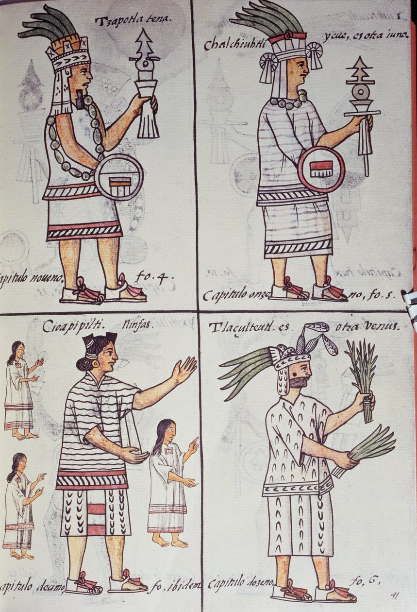 Tzapotlatena, Chalchiuhtlatonal, Cioapipitli ja Tliltecuhtli, Firenzen Codex, Kaksikielinen versio espanjaksi ja Nahuatl, General History of the Things of New Spain, Aztec tekijältä William M. Timlin