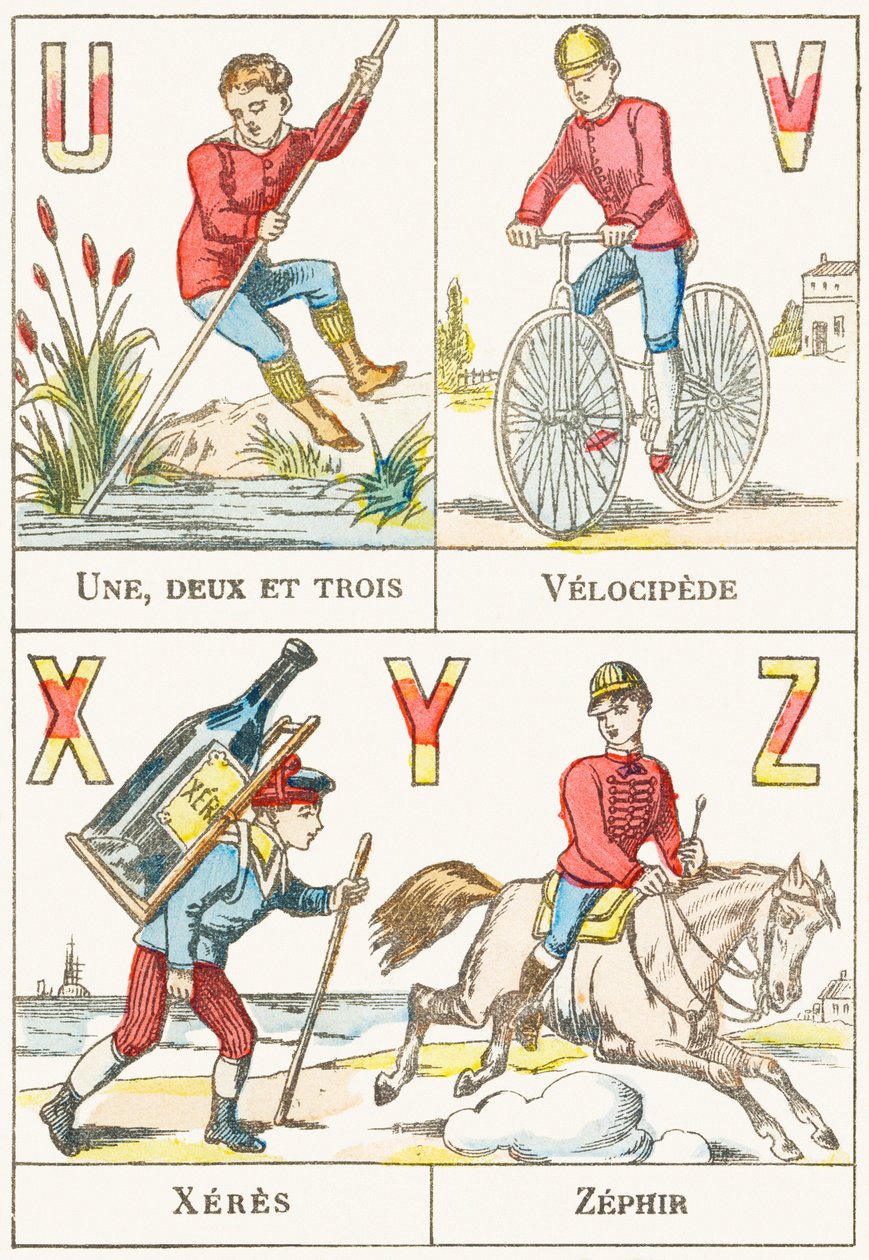 U V X Y Z; U: Yksi, kaksi ja kolme; V: Velocipede; X: sherry; Z: Zephir - Peliaakkoset, n. 1890 (kaiverrus) tekijältä Unbekannt