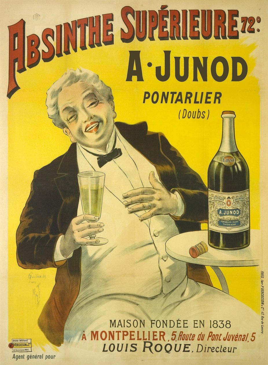 Bistroterassilla istuva mies purskahtaa nauruun juoessaan lasillisen absinttia tekijältä Unbekannt