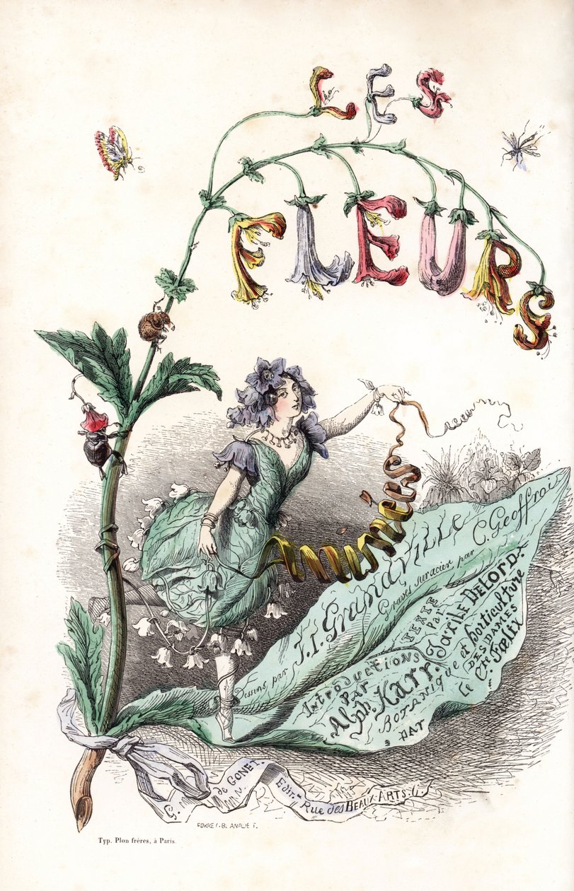 Une fee des fleurs setient sur une feuille et holds un ruban (nimiölehti) - Charles Geoffroyn (1819-1882) etsaus Jean Ignace Isidore Gerard dit J.J.J.J.Granvillen (1803-1847) kuvituksesta Les fleurs animees -teokseen. tekijältä Unbekannter Künstler