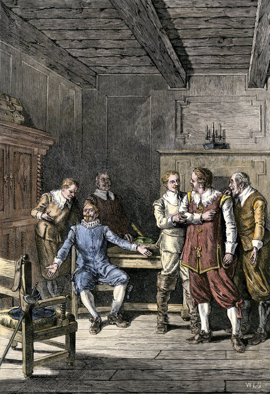 Yhdysvallat, Massachusetts: John Winthropin (1588-1649) ja Thomas Dudleyn (1576-1653) välinen kiista Massachusettsin lahden siirtokunnassa. Värikaiverrus 1800-luvulta. tekijältä Unbekannter Künstler