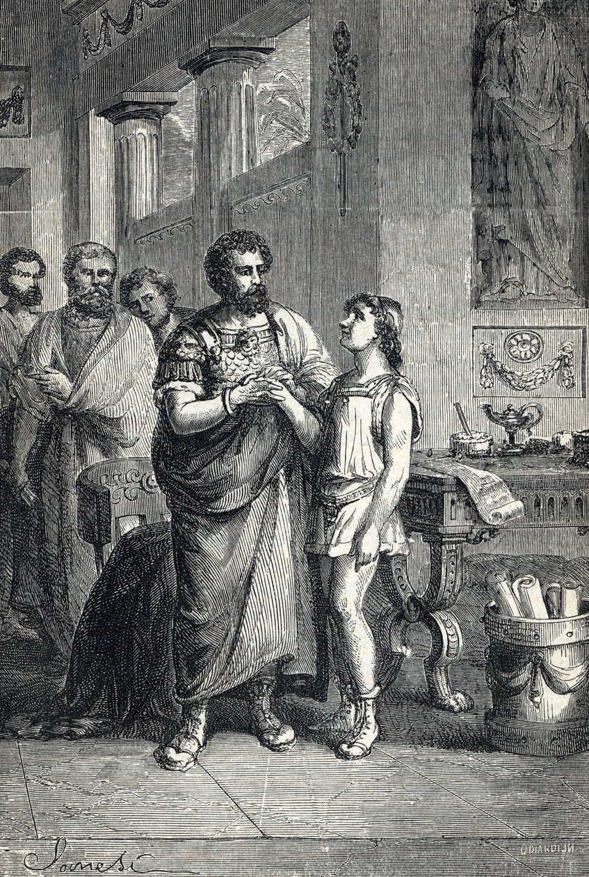 Valentinianus II tunnusti Rooman keisarin Gratianuksen toimesta (375). 1888 (kaiverrus) tekijältä Unbekannter Künstler