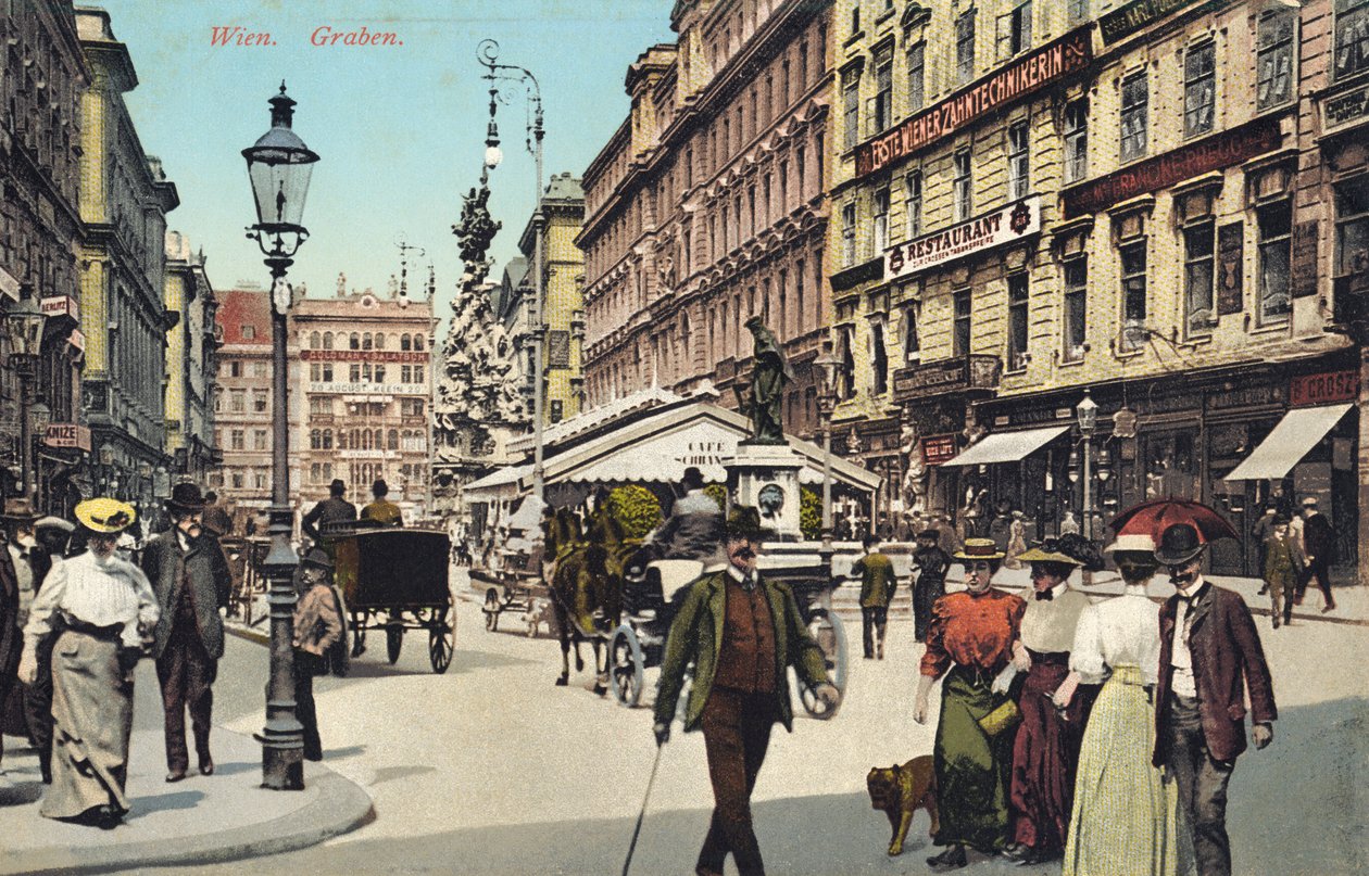 Wien, Graben -kuuluisa katu kaupungin keskustassa, jossa ihmiset kävelevät (postikortti). tekijältä Unbekannter Künstler