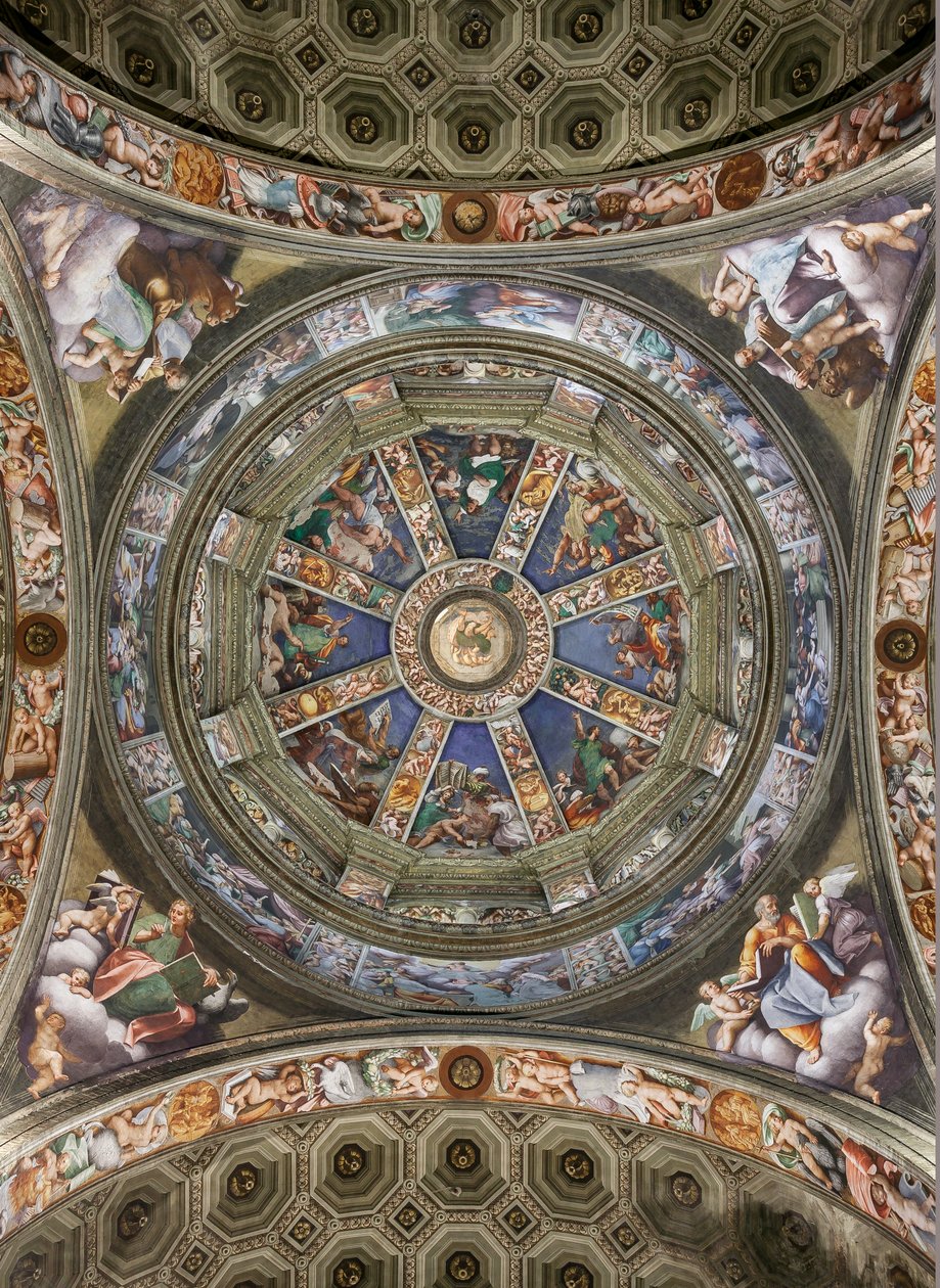 Näkymä risteyksen kupolista ja paneelit Giovanni Antonio de Sacchisin ja Bernardino Gattin freskoilla, Madonna della Campagnan pyhäkkö, Piacenza, Emilia-Romagna, Italia (kuva) tekijältä Unbekannter Künstler