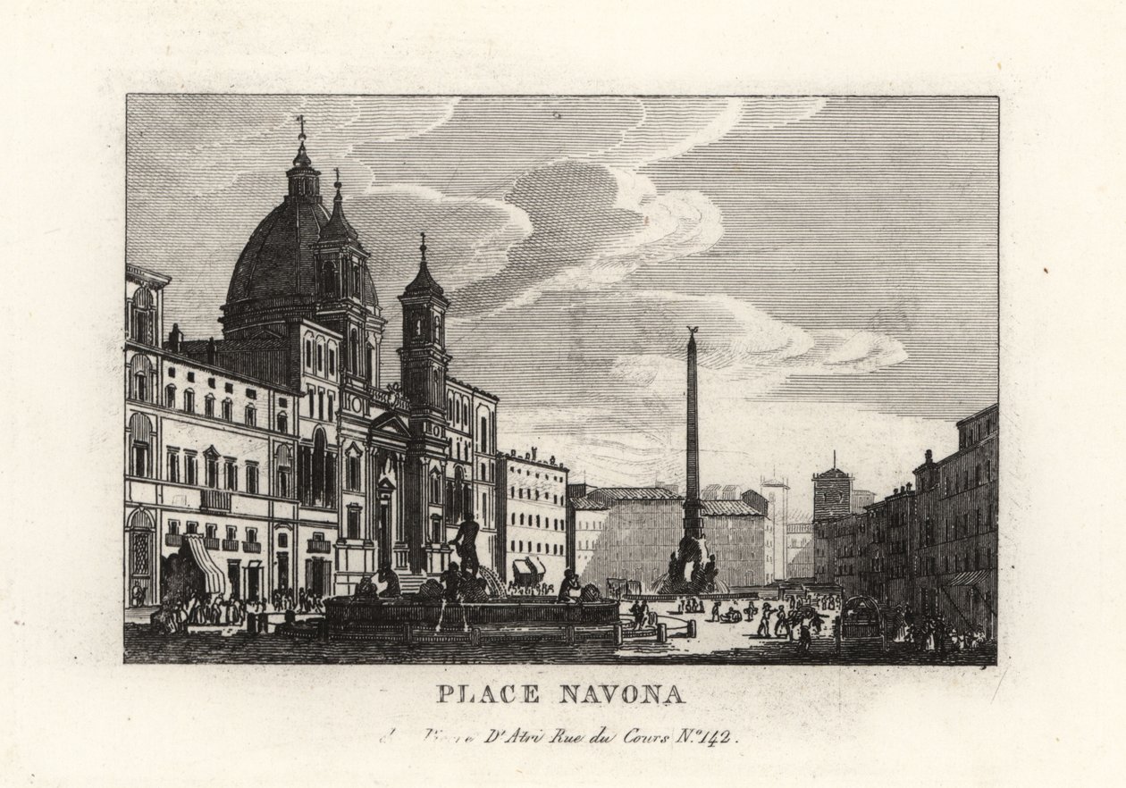 Näkymä Piazza Navonalle, jossa on suihkulähde, egyptiläinen obeliski ja Sant