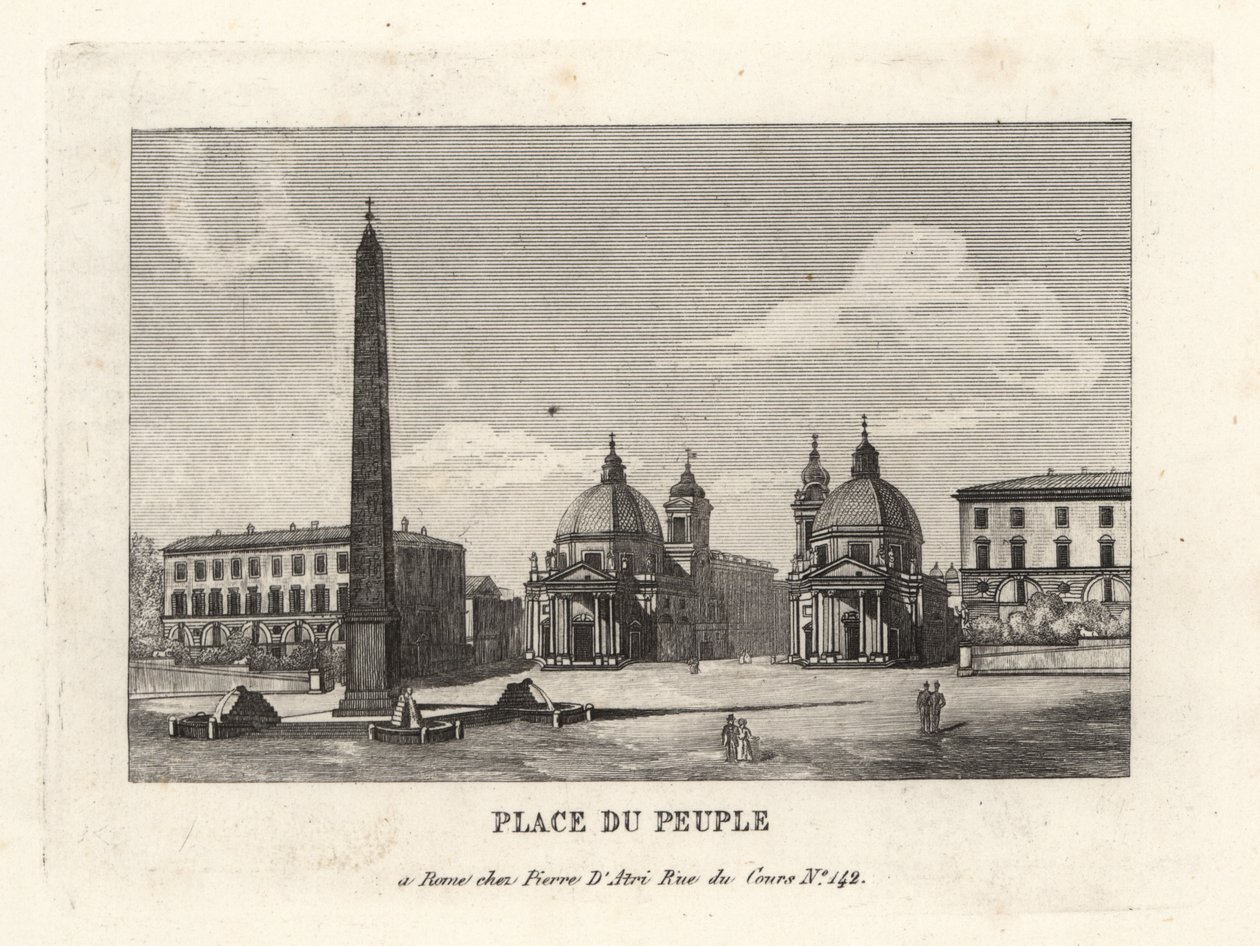 Näkymä Piazza del Popololle, Place du Peuple, egyptiläinen Ramses II -obeliski Heliopoliksesta, Roomasta tekijältä Unbekannt