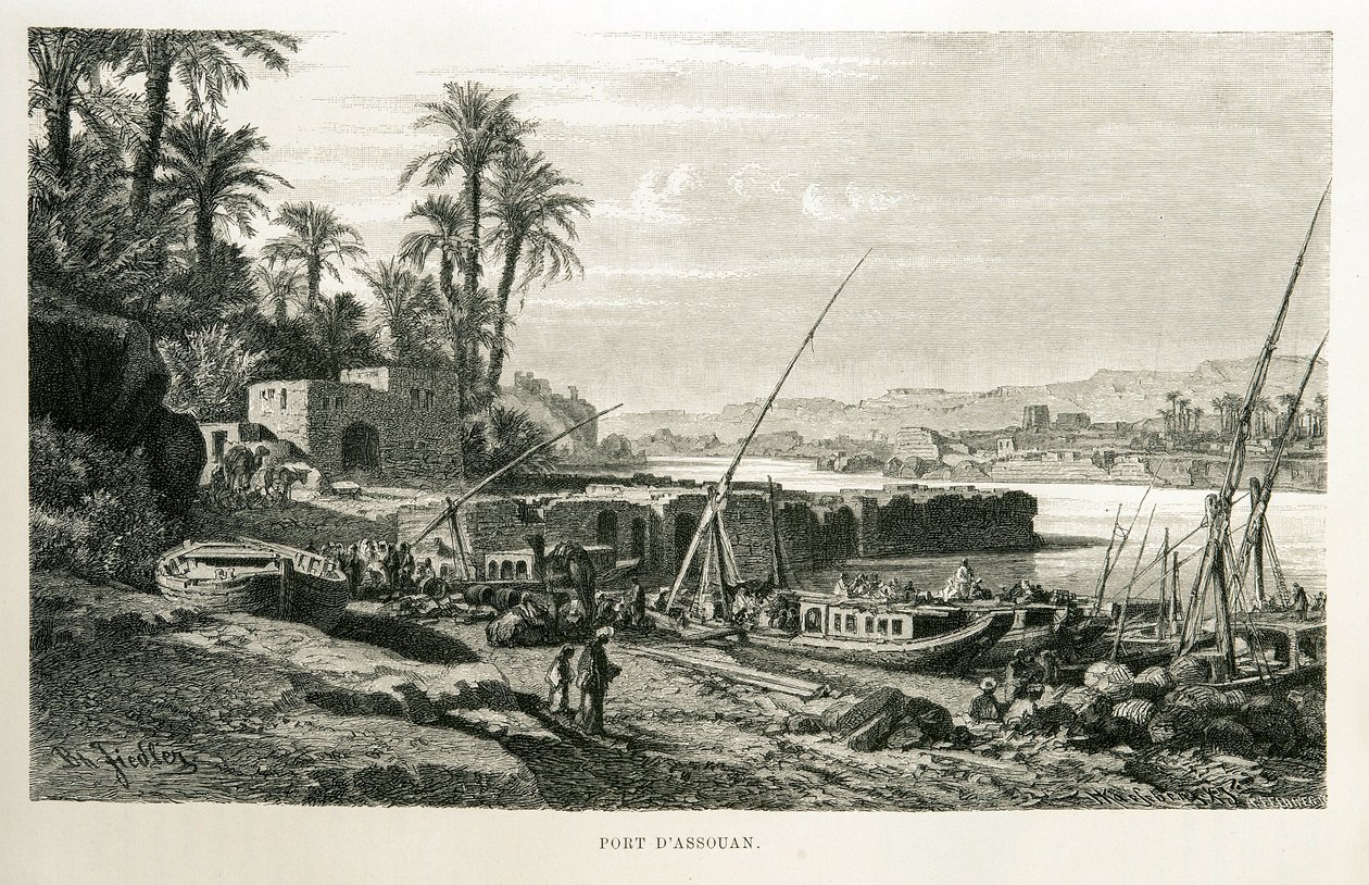 Näkymä Aswanin satamaan Egyptissä - kuva Egyptin atlasesta tekijältä Unknown
