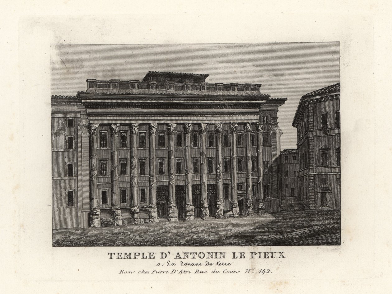 Näkymä Hadrianuksen temppelille, Templum Divus Hadrianus, jossa on 11 pylvästä, jotka hänen adoptiopoikansa Antoninus Pius on pyhittänyt, Temple d