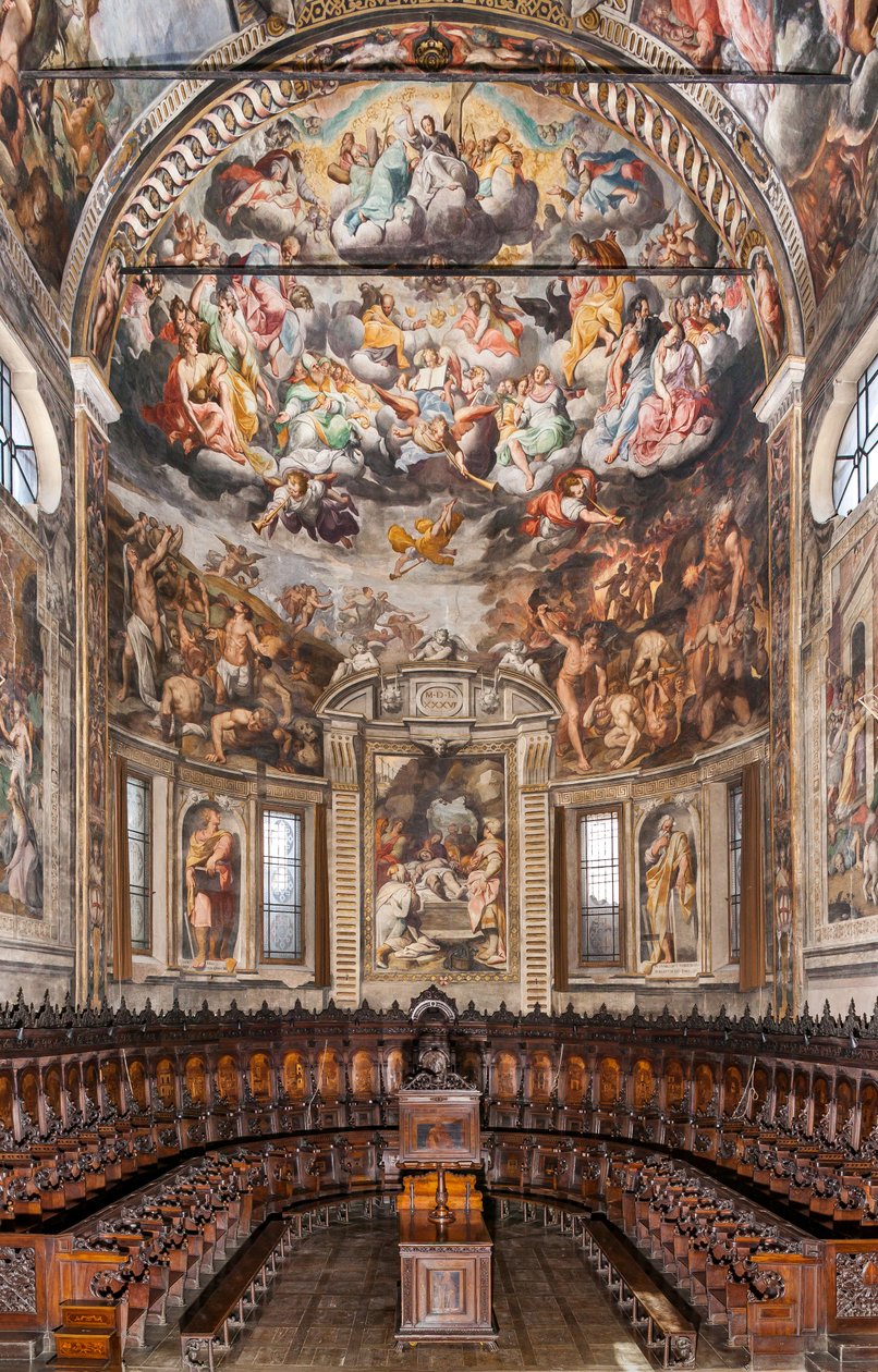 Näkymä apsisista Camillo Procaccinin freskoilla ja Cristoforo e Giuseppe De Venetiisin puukuorolla, San Prosperon basilika, Reggio Emilia, Emilia Romagna, Italia (kuva) tekijältä Unbekannter Künstler