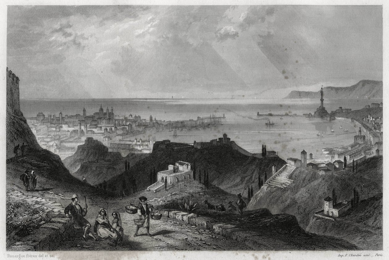 Näkymä Genesin kaupunkiin ja satamaan, eclatante-lainaukset, marmorikaupunki, Genes-la-Superb, ranskalaisen toimittajan ja matkailijan Louis Enaultin (1824-1900) kirjassa Välimerestä. tekijältä Unbekannt