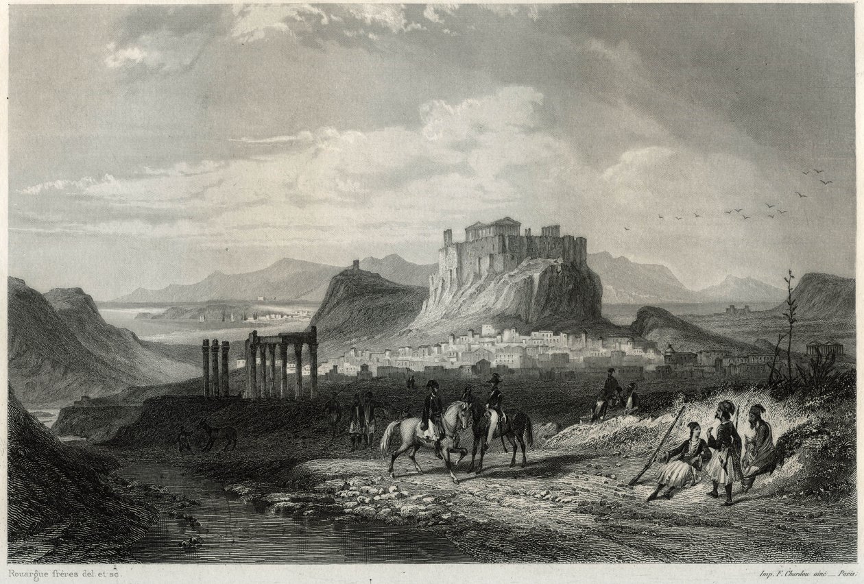 Näkymä Ateenan kaupungista 1800-luvulla, jota hallitsee Akropolis, ranskalaisen toimittajan ja matkustajan Louis Enaultin (1824-1900) kirjassa Välimerestä. tekijältä Unbekannt