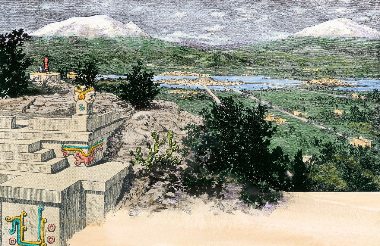 Näkymä Tenochtitlanin kaupungista (tai Meksikon Tenochtitlanista), sellaisena kuin se oli Texoco-järvellä sijaitsevalla saarella, kun se oli atsteekkien valtakunnan pääkaupunki, ennen vuotta 1521 - Värillinen kaiverruskuvaus tekijältä Unbekannter Künstler