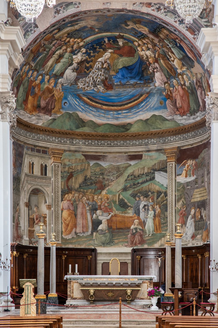 Näkymä laivolle ja pappishuoneelle Neitsyttarina, Duomo, S. Maria Assuntan katedraali, Spoleto, Umbria, Italia (kuva) tekijältä Unbekannter Künstler