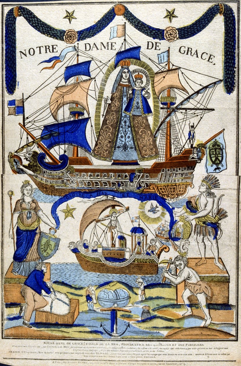 Neitsyt Maria Madonna kirkkaudessa (Notre Dame de Grace ) merimiesten ja matkustajien suojelijana Pyhän Hengen leijailu lentää aluksen yläpuolella alaosassa. 1800-luku (ranskalainen puupiirros) tekijältä Unbekannter Künstler
