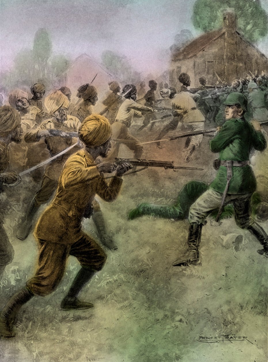 Ensimmäinen maailmansota - Brittiläinen Intian armeija hyökkää saksalaisten sotilaiden kimppuun tekijältä Unbekannter Künstler