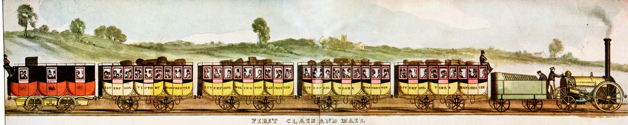 Nyrkkiluokan matkustajien vaunut, Liverpool-Manchester Railway tekijältä Unbekannter Künstler