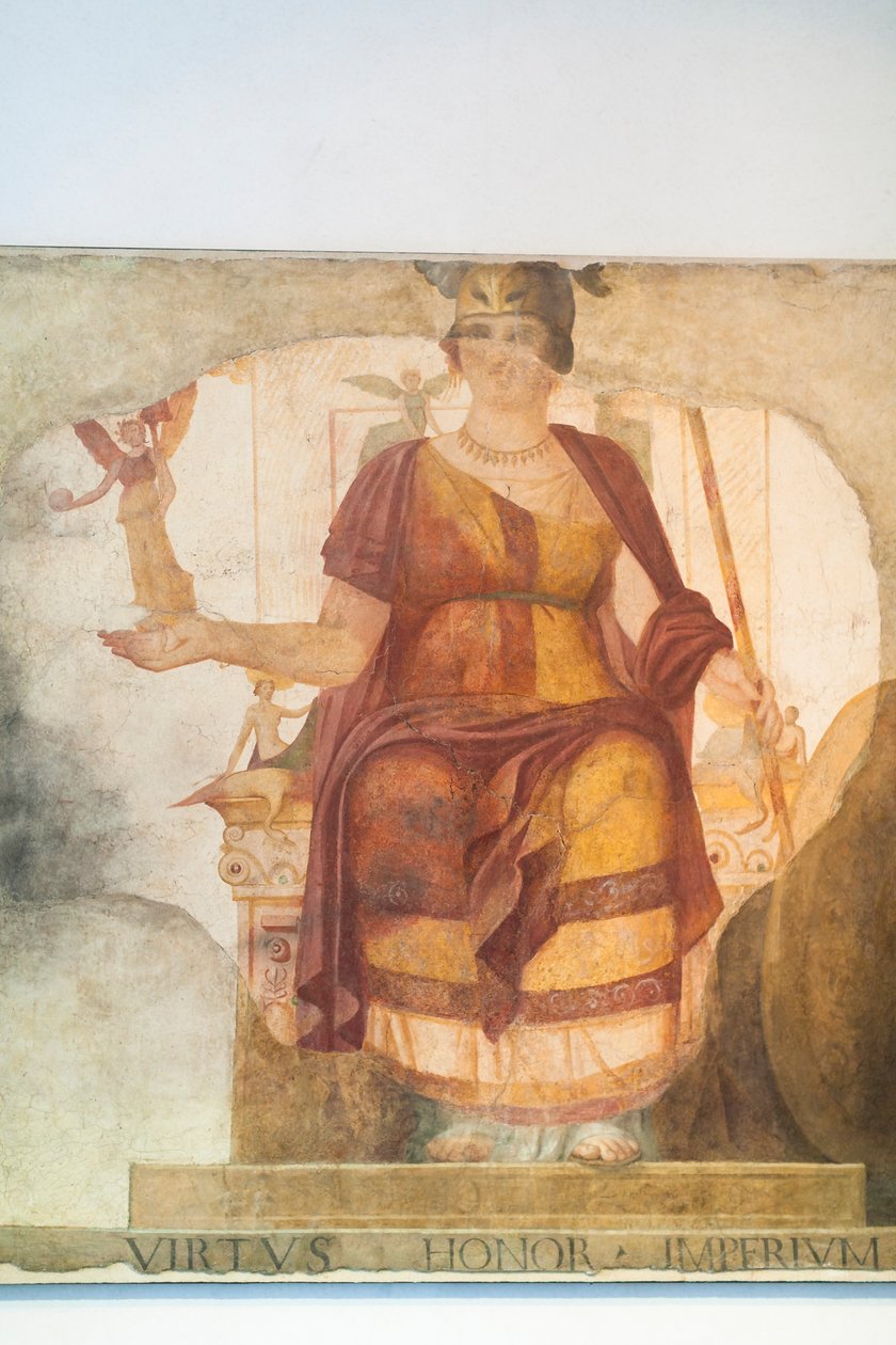 Afresco de parede representando uma Vênus sentada, integrada como Roma, chamada Deusa Barberini, primeiro quartel do século IV dC de Roma, museu nacional de Roma (museo nazionale romano), Roma, Itáliafinlandês tekijältä Unbekannter Künstler