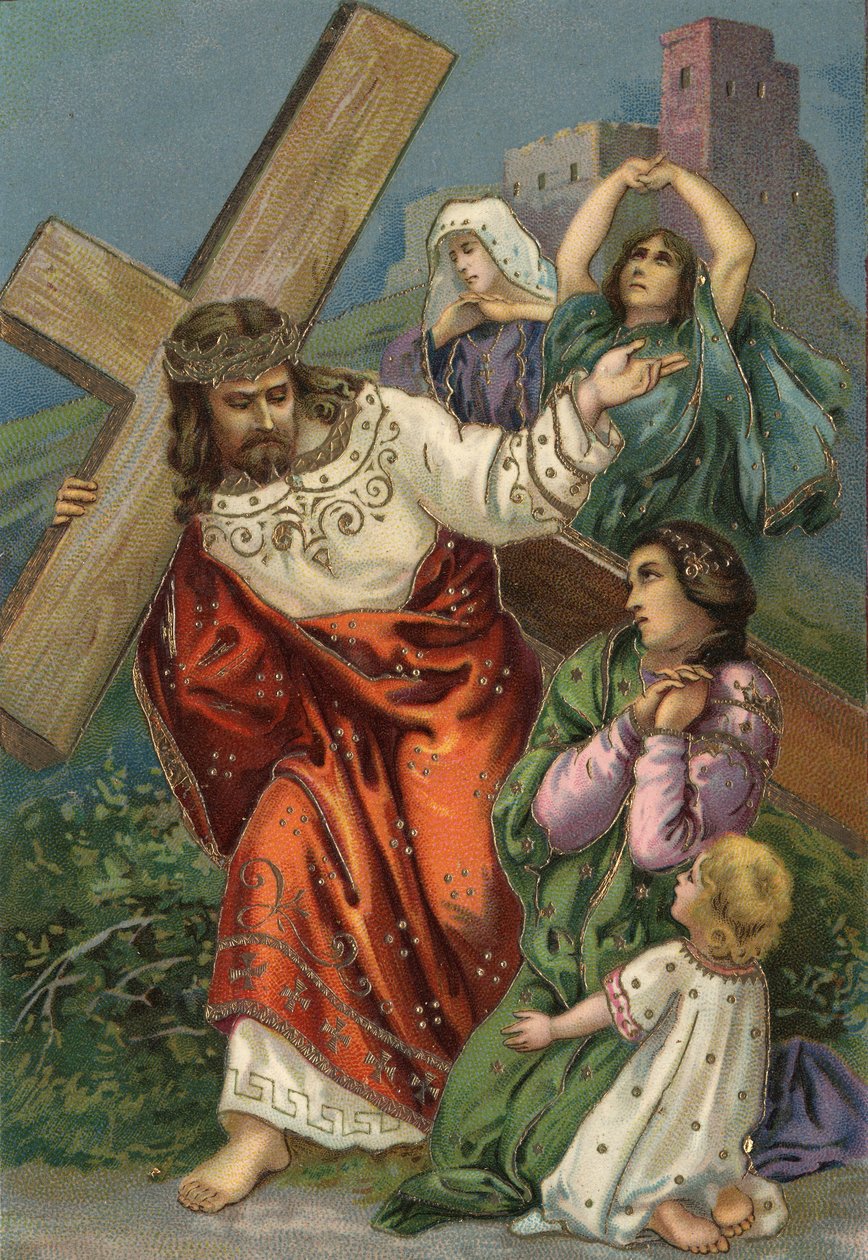 Ristintie - via crucis - Ristin asemat: kahdeksas asema, Jeesus tapaa Jerusalemin naiset Kromolitografia Yksityinen kokoelma tekijältä Unbekannt