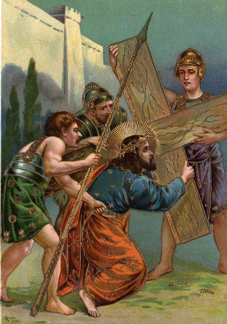 Ristintie - via crucis - Ristin asemat: kolmas asema, Jeesus putoaa ensimmäistä kertaa ristinsä painon alle (Jeesus putoaa ensimmäisen kerran) Kromolitografia Yksityinen kokoelma tekijältä William M. Timlin