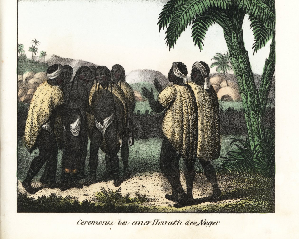 Hääseremonia Senegalin heimossa. Kirjan litografia: Friedrich Wilhelm Goedsche (1785-1863) "Galerie complete en tableaux fideles des peuples d