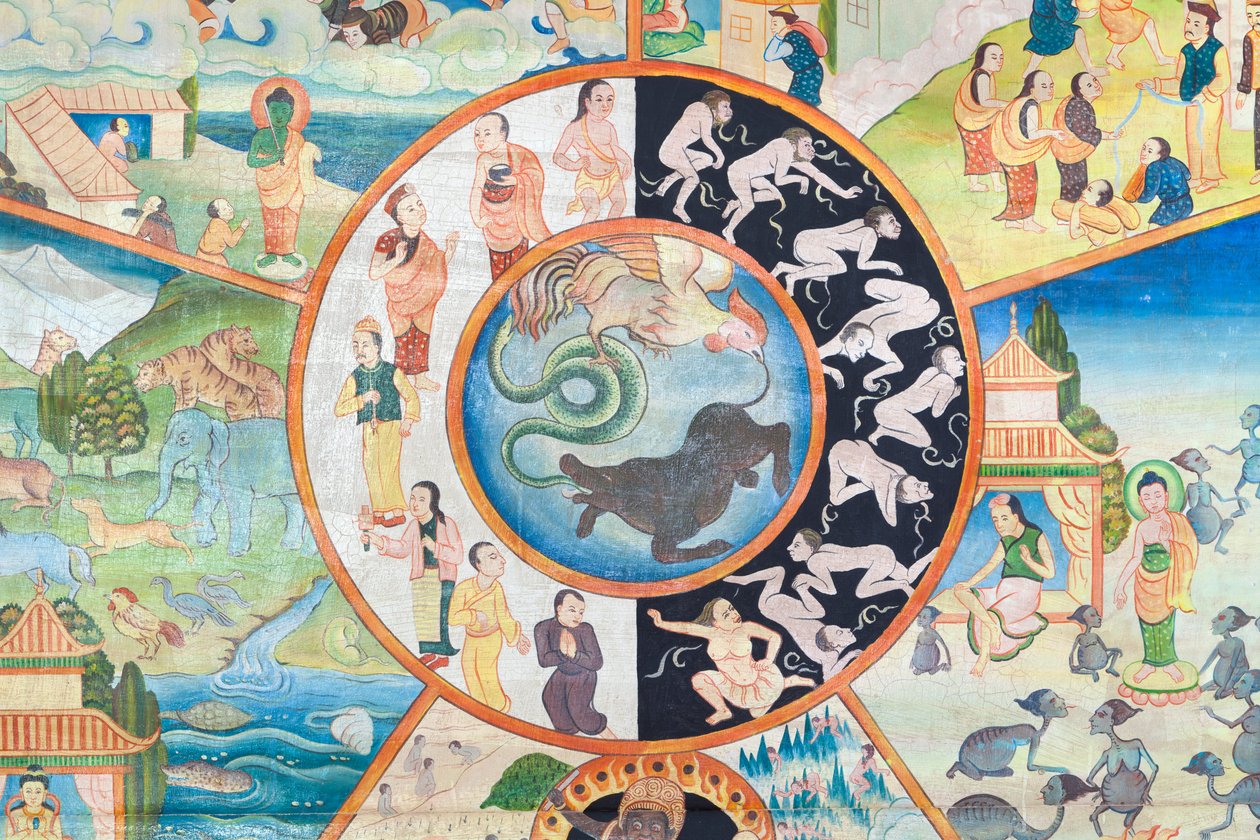 Elämänpyörä, yksityiskohdat, seinämaalaus wat Umongissa, Chiang Mai, Thaimaa tekijältä Unbekannter Künstler