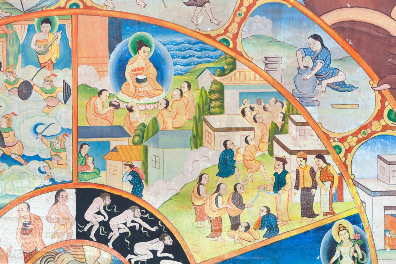 Roda da vida, detalhe, pintura de parede em wat Umong, Chiang Mai, Tailândia Finlandês tekijältä Unbekannter Künstler