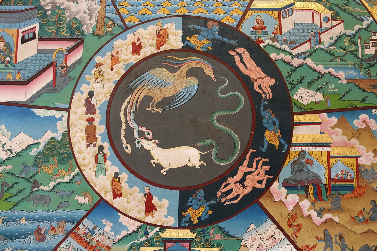 Elämänpyörä tai Samsaran (Mandala) pyörä: kukko, käärme ja sika. Kopanin luostari, Kathmandu, Nepal tekijältä Unbekannt