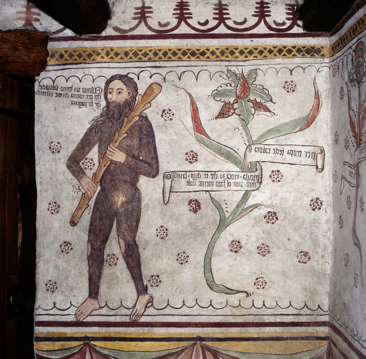 Saccon villi mies (Homo Selvadego), fresko (1400-luku), Villimiehen talo (Uomo Selvatico), Sacco, Cosio Valtellina, Lombardia, Italia tekijältä Benjamin Baud