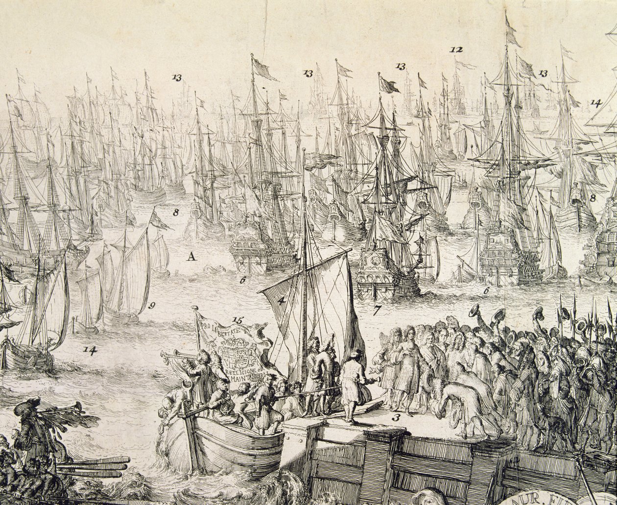 William of Orange lähdössä Englantiin marraskuussa 1688 (kaiverrus) tekijältä Unbekannter Künstler