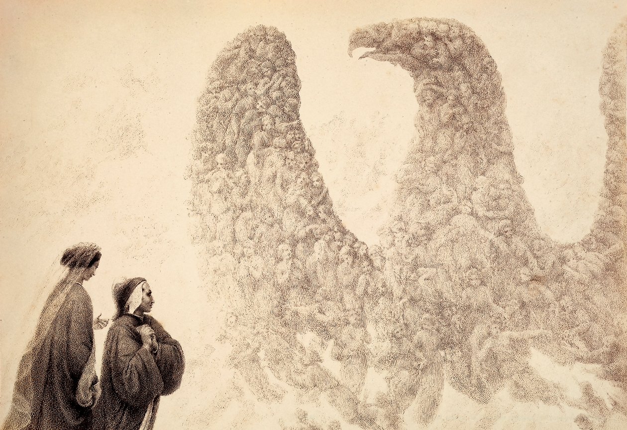 Jupiterin sfäärissä Dante näkee siunattujen henkien järjestäytyvän kotkan, valtakunnan symbolin, muotoon. Kuvitus Dante Alighierin teoksen Jumalaisen komedian Paradiso XVIII laulusta. Francesco Scaramuzzan teos, joka on omistettu Mun Danteille. tekijältä Unbekannter Künstler