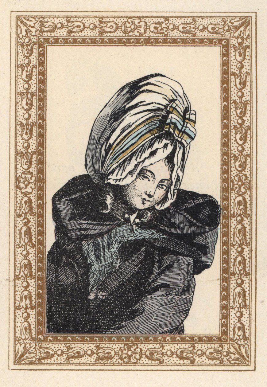 Nainen yöviitassa ja suuressa Voluptuese-hatussa. Yö tukka, on Voluptuous. de Laubaderen käsivärinen litografia Octave Uzanen teoksesta Stylish Hairstyle or Eccentric Finery from the era of King Louis XVI, Hairstyles de Style, La Parure Eccentric, Rouv tekijältä Unbekannter Künstler