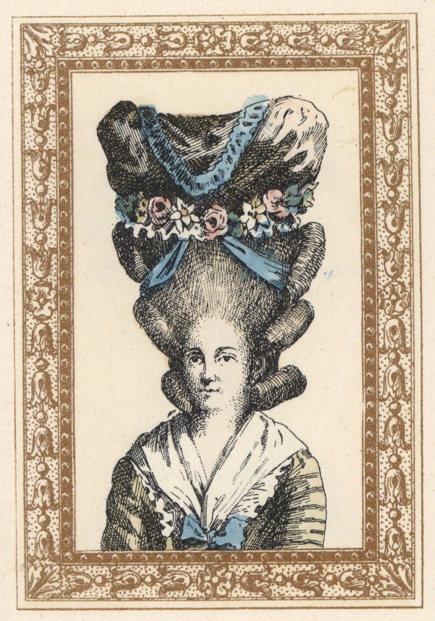Nainen Gabrielle Vergyn päähineessä, joka on sidottu nauhoilla ja kukkaseppeleillä. Gabrielle Vergyn hattu, joka on saanut inspiraationsa Dormont De Belloydin vuonna 1777 esittämästä tragediasta. de Laubaderen käsin värjätty litografia Octave Uzanen teokse tekijältä Unbekannter Künstler