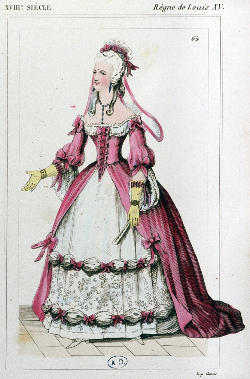 Nainen pukeutuneena Mme de Pompadourin kaltaiseen mekkoon, noin 1810 (kaiverrus). tekijältä Unbekannter Künstler