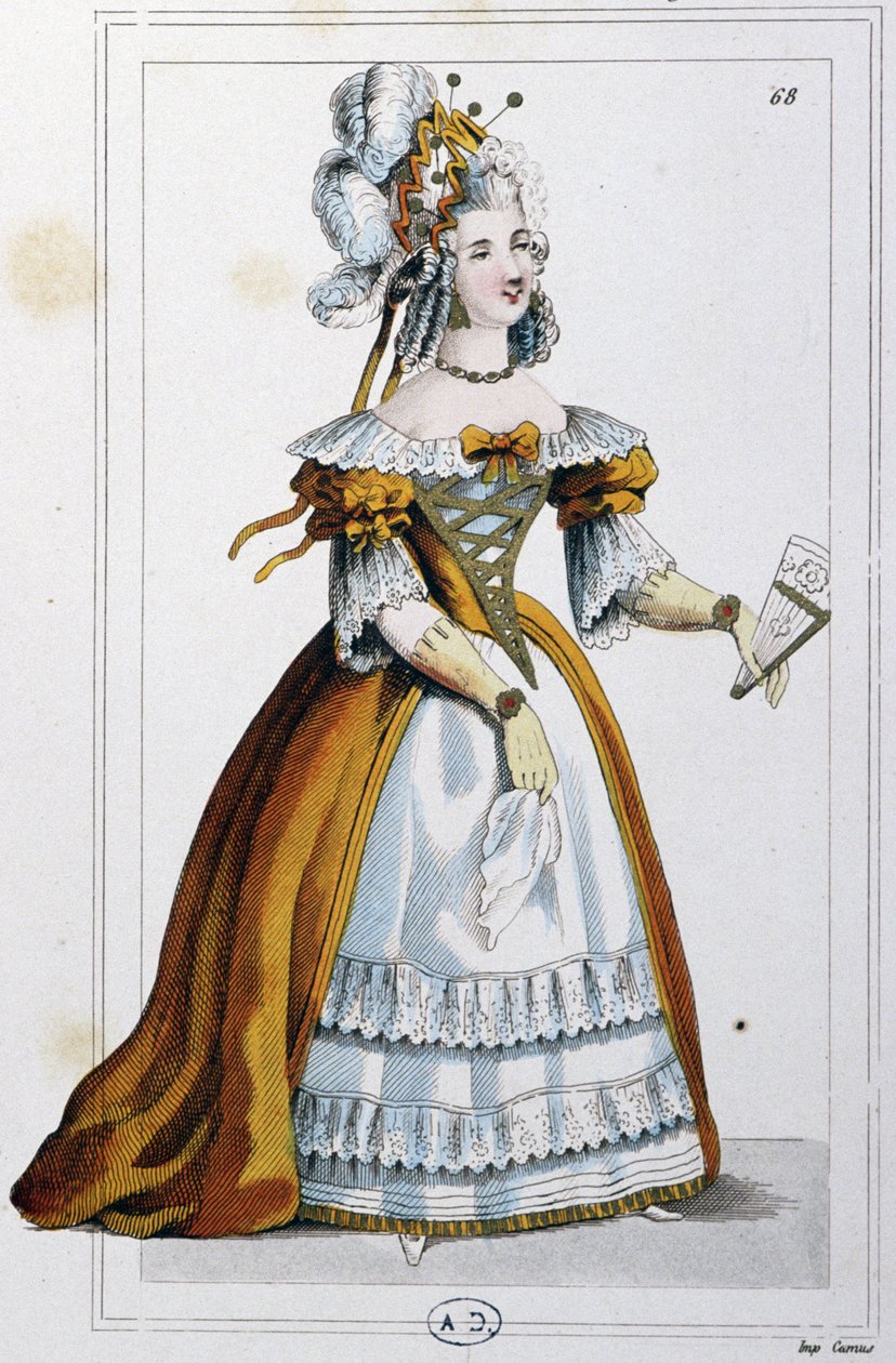 Nainen pukeutuneena Mme du Barryn kaltaiseen mekkoon, noin 1810 (kaiverrus). tekijältä Unbekannter Künstler