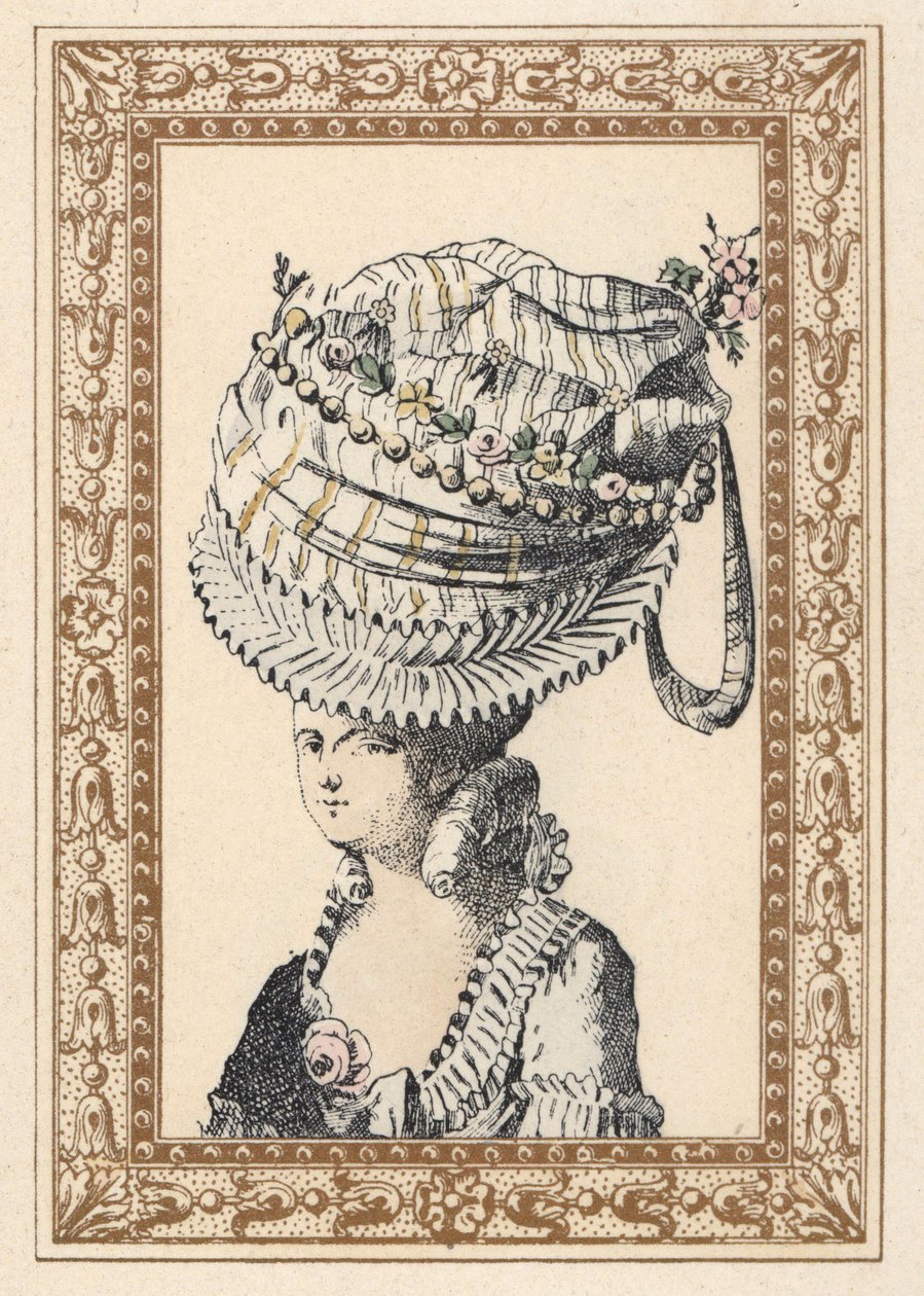 Nainen, jolla on valtava hattu, jota kutsutaan vuosisadan onnellisuudeksi. de Laubaderen käsivärinen litografia Octave Uzanen teoksesta Stylish Hairstyle or Eccentric Finery from the era of King Louis XVI, Hairstyles de Style, La Parure Eccentric, Rouveyre tekijältä Unbekannter Künstler